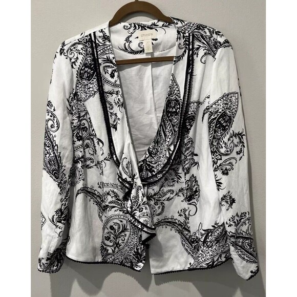 CHICOS Jacket 2 Large Black White Linen Blend Open Blazer Floral Paisley Drape - Picture 1 of 8